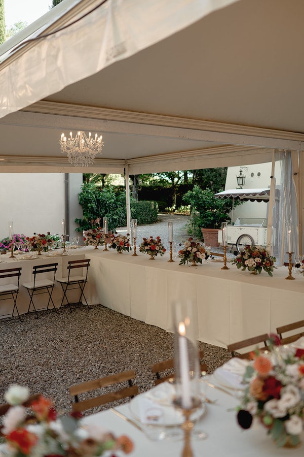 Wedding reception tables arranged beneath a marquee at Tenuta La Campana